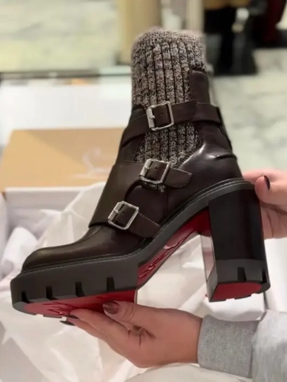 CHRISTIAN LOUBOUTIN CORTINETTA COLLEGE BROWN LEATHER ANKLE BLOCK HEEL BOOT 38.5